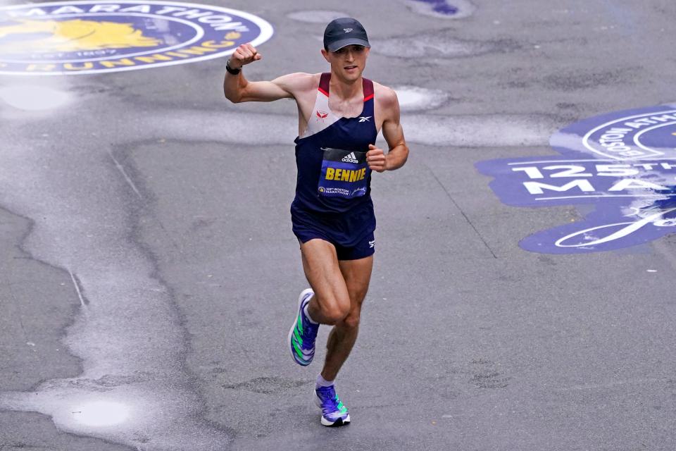 Princeton native and former Wachusett Regional star Colin Bennie, shown here finishing seventh in the 2021 Boston Marathon, placed seventh (29:38) in Saturday's Beach to Beacon 10K in Maine.