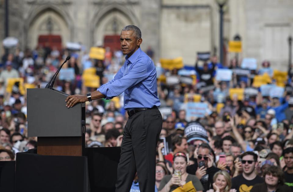 Former President Barack Obama speaks to supporters of Pennsylvania Senate candidate John Fetterman in Pittsburgh on Saturday. (Jeff Swensen / Getty Images)