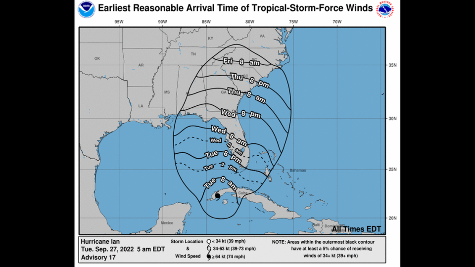 Winds between 45 and 57 mph could will be felt in the Carolinas starting 8 p.m. Thursday, Sept. 29, officials say.