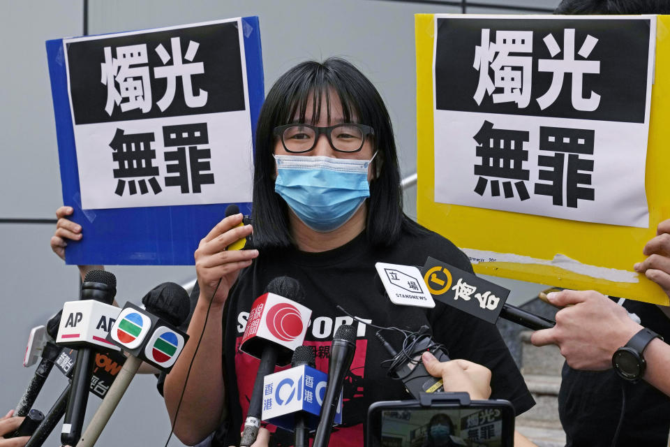 FILE - In this June 5, 2021, file photo, Chow Hang Tung, Vice Chairperson of the Hong Kong Alliance in Support of the Democratic Patriotic Movements of China, leaves after being released on bail at a police station in Hong Kong. Hong Kong tycoon and prominent pro-democracy activist Jimmy Lai and two others were convicted Thursday, Dec. 9, for their roles in last year's banned Tiananmen candlelight vigil, amid a crackdown on dissent in the city and Beijing's tightening political control. (AP Photo/Kin Cheung, File)