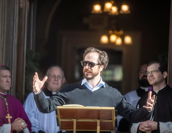 Metro Council Member Freddie O&#39;Connell speaks before The Church of the Assumption in Germantown had its steeple reinstalled which was hit by the March 2020 tornado Wednesday, December 15, 2021.