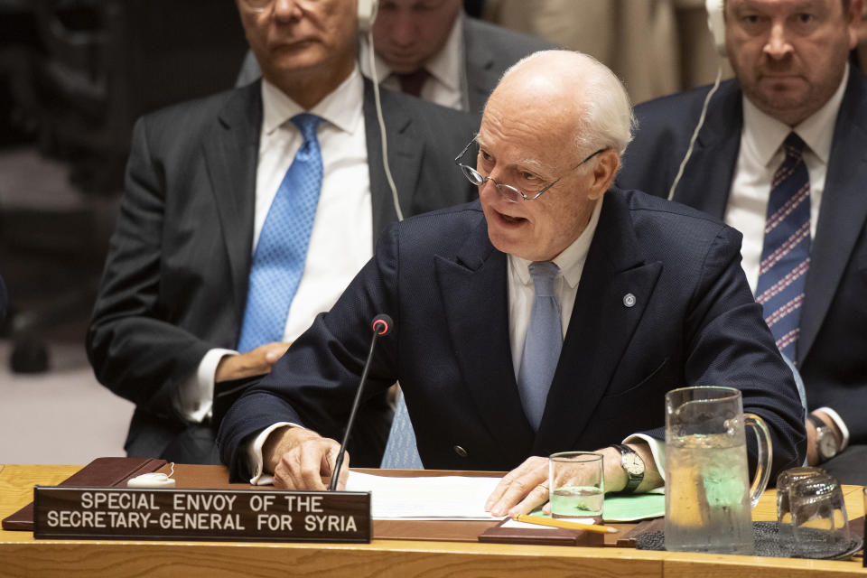 United Nations special envoy Staffan de Mistura speaks at a Security Council meeting, Wednesday, Oct. 17, 2018 at U.N. headquarters. He said he will be making an intensive effort to get agreement on a committee to draft a new constitution for Syria before he steps down at the end of November. De Mistura announced he is departing for "purely, purely personal reasons" after four years and four months in one of the toughest U.N. jobs after telling the Security Council that objections by the Syrian government are still holding up the launch of the committee. (Eskinder Debebe/UN via AP)