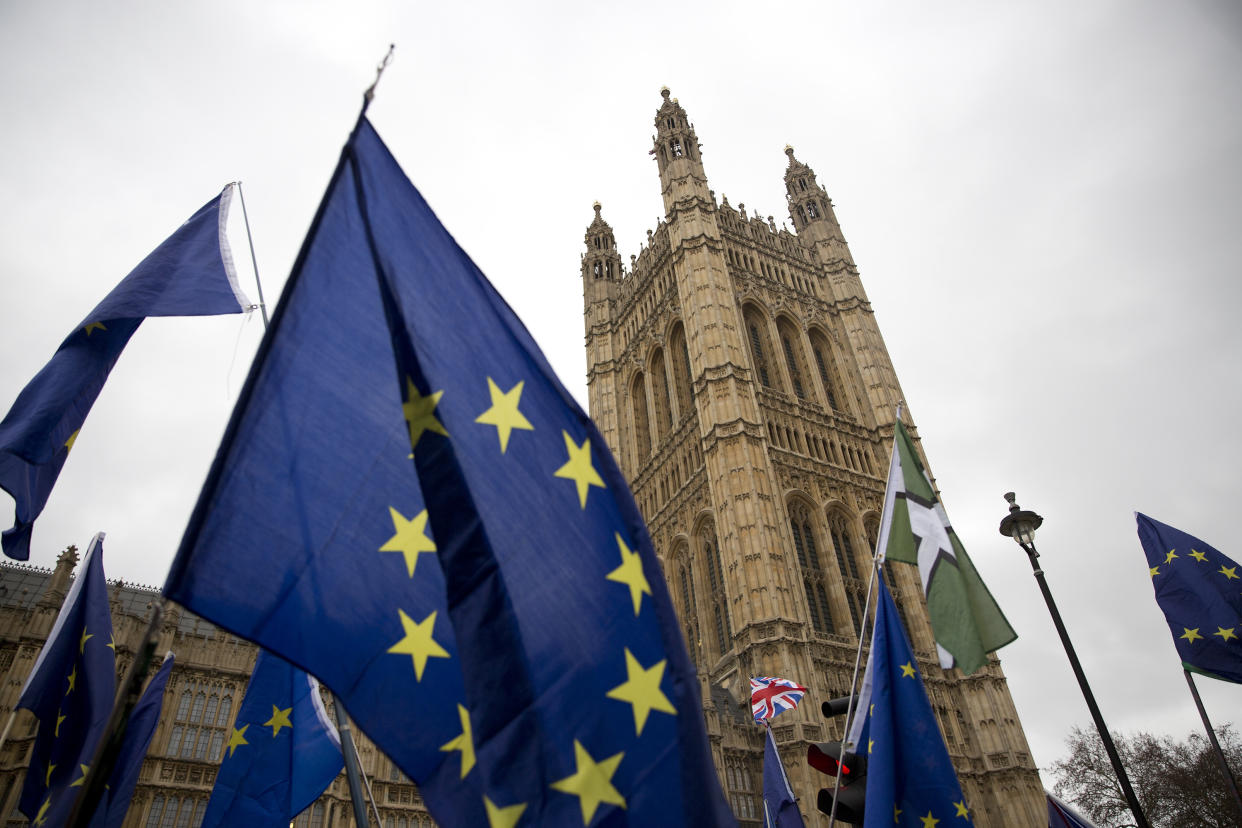 A file image of EU flags outside the Houses of Parliament (Isabel Infantes/EMPICS Entertainment)                                       