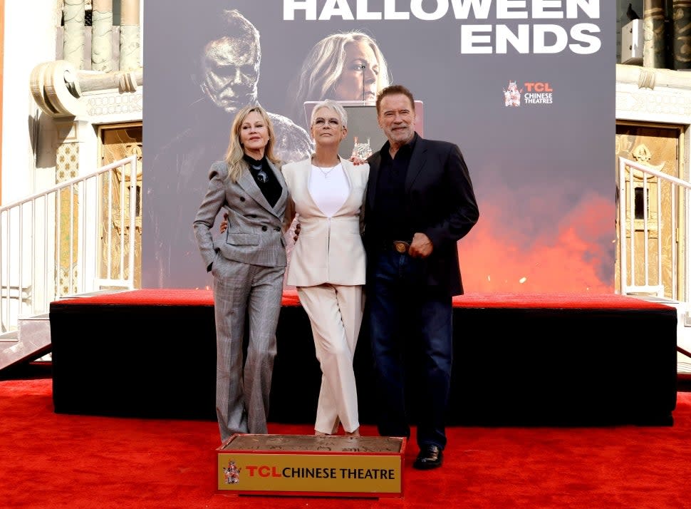 Melanie Griffith, Jamie Lee Curtis and Arnold Schwarzenegger attend the Jamie Lee Curtis Hand and Footprint In Cement Ceremony