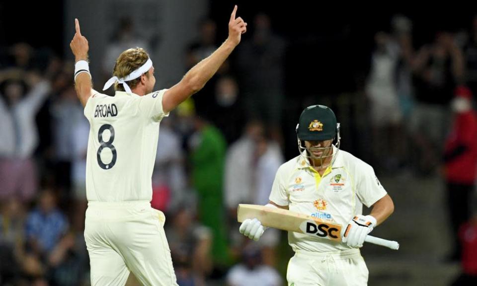 Stuart Broad celebrates dismissing David Warner for a duck in Hobart. How might the series have turned out if the veteran paceman had played, and England had bowled first, in Brisbane?