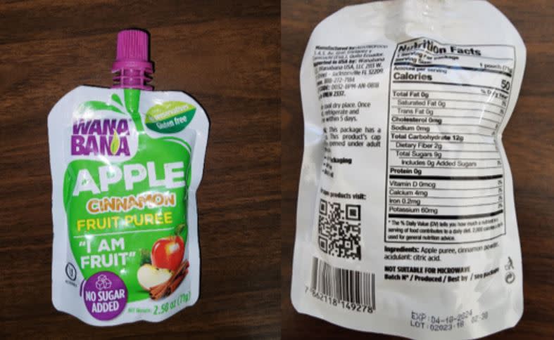 WanaBana apple cinnamon fruit puree pouches are sold nationally through several retailers including Sam’s Club, Amazon and Dollar Tree. US FDA photo