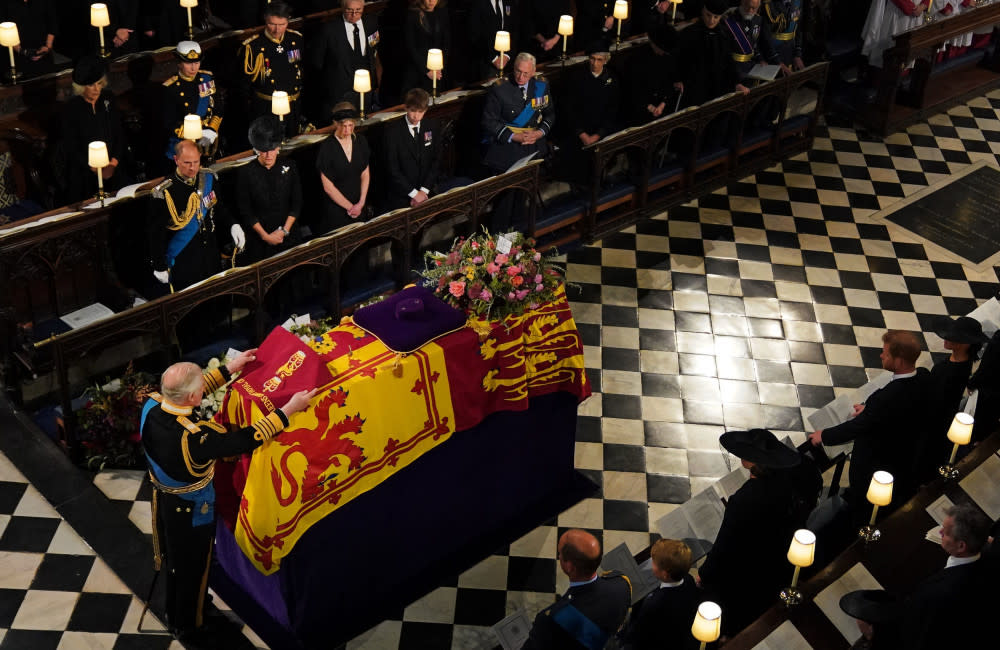 Queen Elizabeth’s name has been inscribed on a black marble slab alongside those of her husband Prince Philip’s and her parents to mark the monarch’s final resting place credit:Bang Showbiz