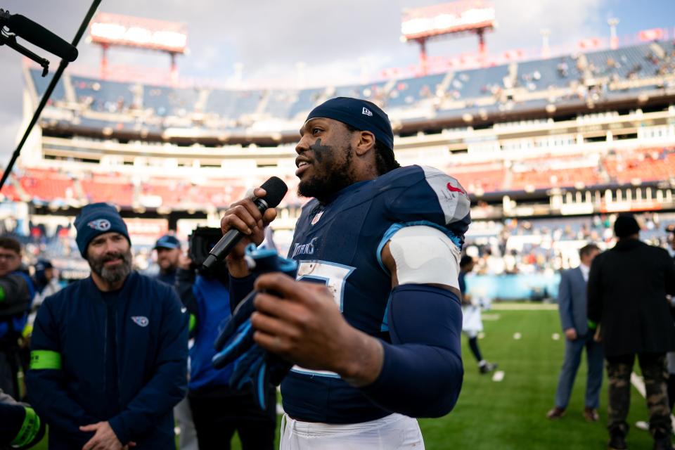 Tennessee running back Derrick Henry addresses the crowd at Nissan Stadium following a 28-20 victory over the Jaguars. The Yulee native gained 159 yards against the Jaguars in what may be his final game with the Titans.