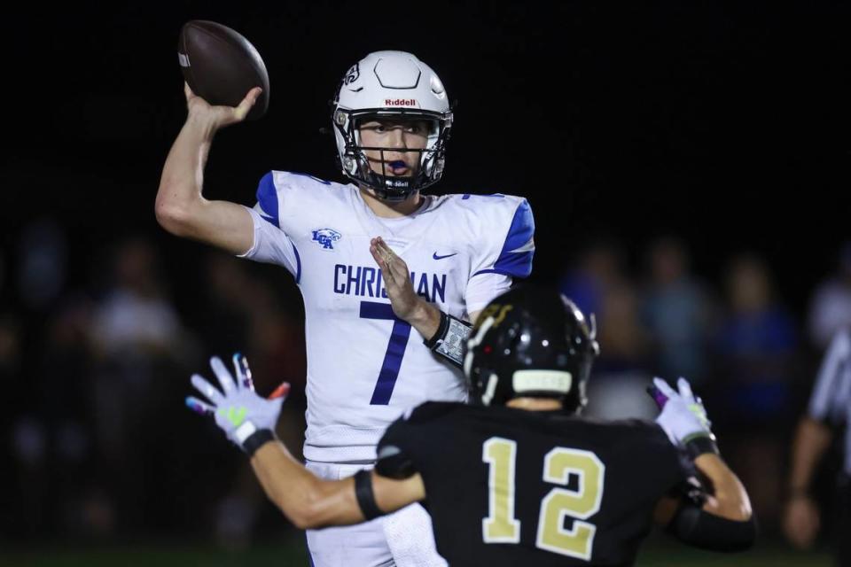 Lexington Christian’s Cutter Boley (7) throws a pass against Boyle County during a game on Aug. 26.