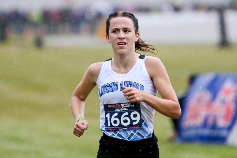 Lansing Catholic's CC Jones runs during the Division 3 state cross country final on Saturday, Nov. 5, 2022, at Michigan International Speedway in Brooklyn.