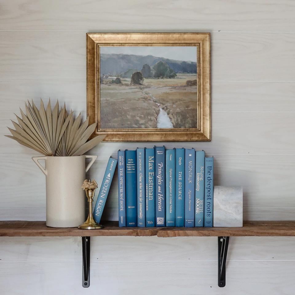 The blue and gold books displayed on a bookshelf