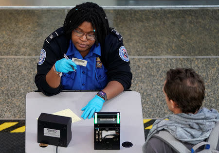 FILE PHOTO - An employee with the Transportation Security Administration (TSA) checks the documents of a traveler at Reagan National Airport in Washington, U.S., January 6, 2019. REUTERS/Joshua Roberts