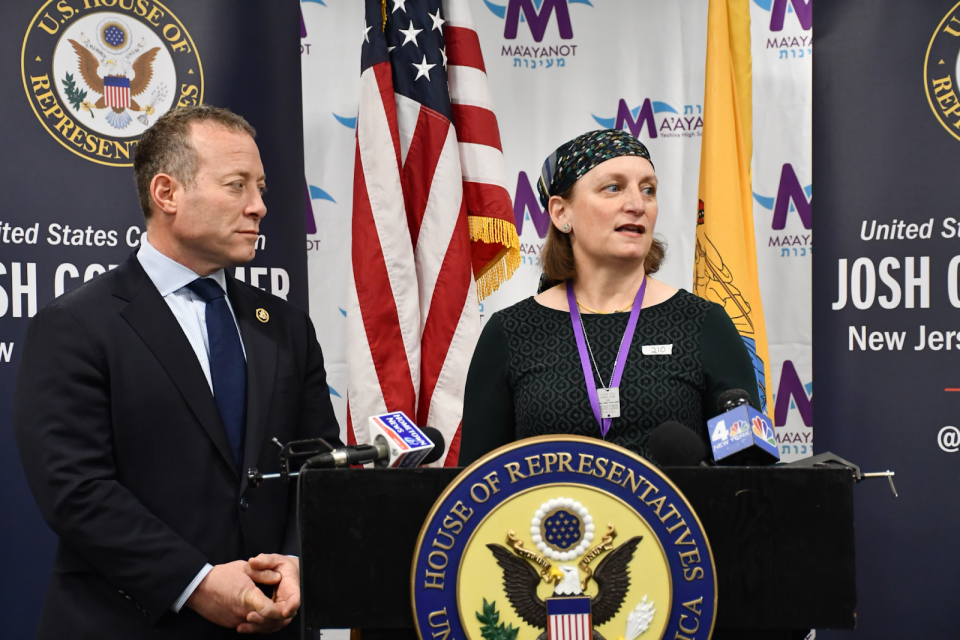 U.S. Rep. Josh Gottheimer announced $4.8 million in security grants for religious nonprofits on May 3, 2024, at the Ma'ayanot Yeshiva High School for Girls in Teaneck. He was joined by school head CB Neugroschl.