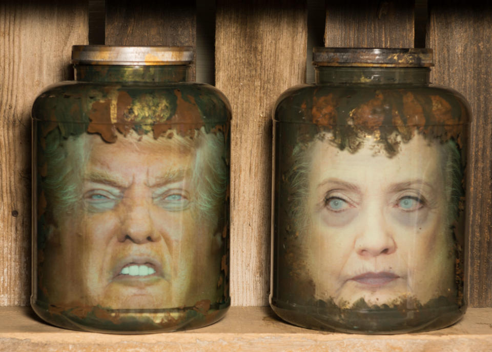 It's no coincidence that election season corresponds with Halloween season. Both involve stoking fear and misery in the hearts of people. You can celebrate the horrors of both with these <a href="http://www.littlejarsofhorror.com/content/product.aspx?cartCode=BZSGYR52Z93FQ" target="_blank">jars that use photos of the candidates</a> and colored water to give the eerie impression that their heads are on your table rather than a silver platter. (<a href="http://www.littlejarsofhorror.com" target="_blank">LittleJarsOfHorror.com</a>, $25 each, $45 for both)