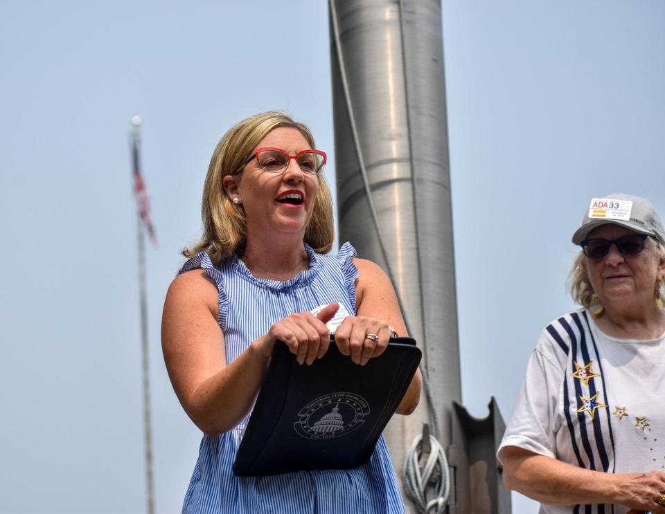 Rep. Robyn Vining, D-Wauwatosa, speaks before the Disability Flag was raised on Wauwatosa City Hall's flagpole on July 24.