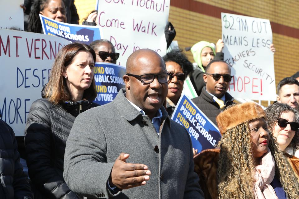 Congressman Jamaal Bowman speaks at a rally against the proposed state foundation aid cuts to schools at Benjamin Turner Academy in Mount Vernon March 1, 2024. Mount Vernon is one of half of the districts in the state to receive less funding.