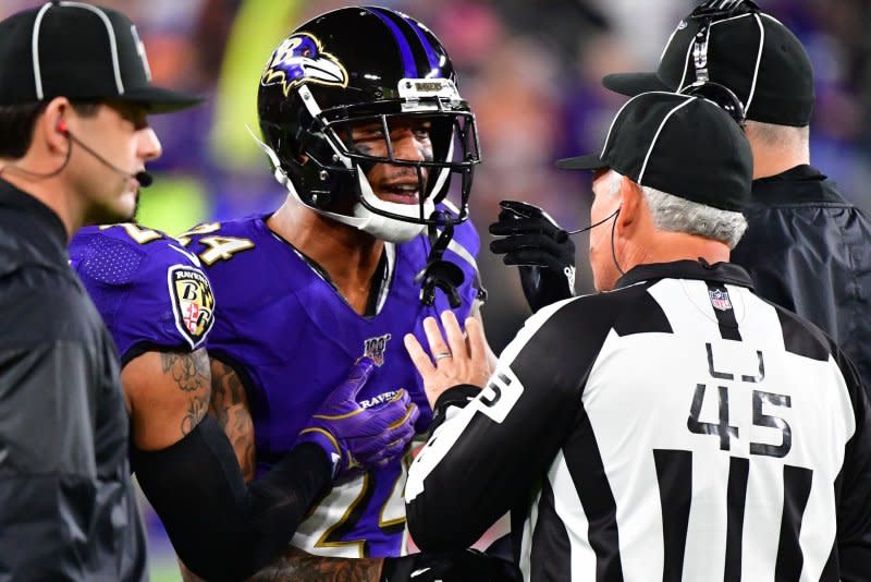 Former Baltimore Ravens cornerback Marcus Peters is set to play for the Las Vegas Raiders in 2023-24. File Photo by David Tulis/UPI