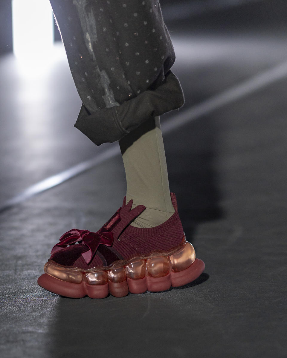 TOKYO, JAPAN - MARCH 14: A model, shoe detail, walks the runway in a design by MIKIO SAKABE during the Rakuten Fashion Week TOKYO 2024 A/W on March 14, 2024 in Tokyo, Japan. (Photo by Justin Shin/Getty Images)