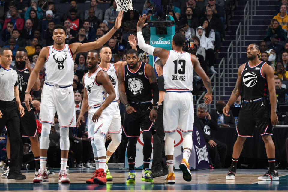 NBA All-Stars Giannis Antetokounmpo and Paul George both made the NBA's First Team All-Defensive cut. (Getty Images)