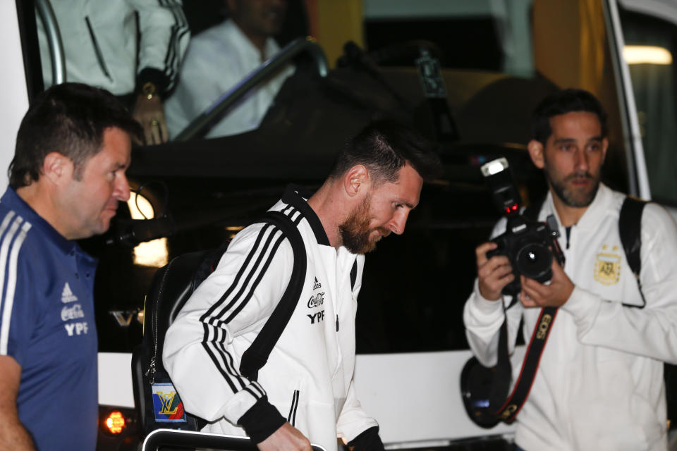 Argentinian superstar Lionel Messi arrives at the team's hotel in Tel Aviv, Israel, Sunday, Nov. 17, 2019, day ahead of a friendly soccer match against Uruguay. (AP Photo/Ariel Schalit)