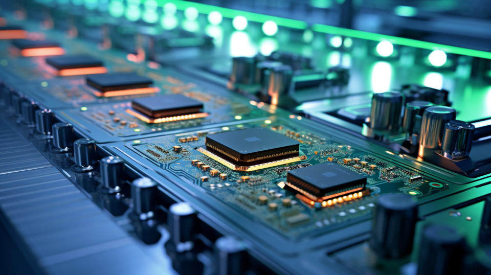 An automated manufacturing production line of semiconductor components on an assembly line.