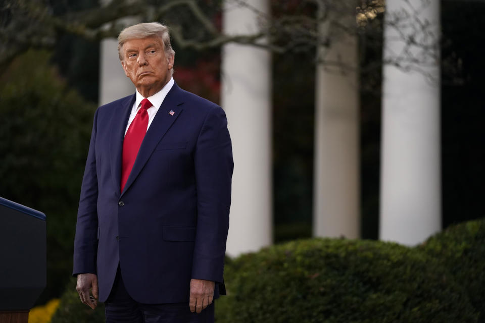 President Donald Trump listens during an event on Operation Warp Speed in the Rose Garden of the White House, Friday, Nov. 13, 2020, in Washington. (AP Photo/Evan Vucci)