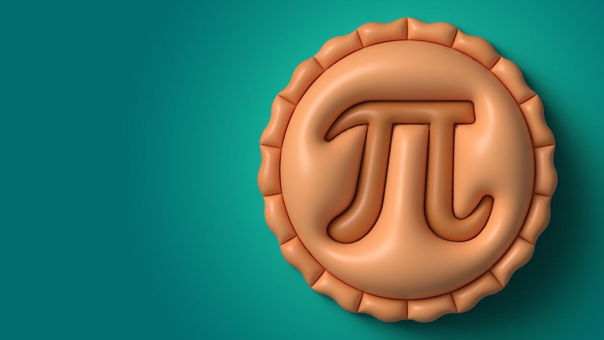  An illustration of the mathematical symbol pi etched into a piece of pi on a green background. 