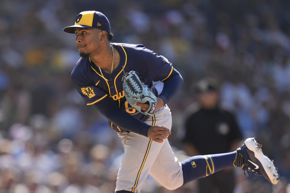 Milwaukee Brewers starting pitcher Carlos Rodriguez works against a San Diego Padres batter during the first inning of a baseball game Saturday, June 22, 2024, in San Diego. (AP Photo/Gregory Bull)