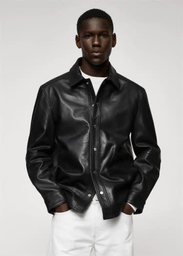 black leather snap front overshirt