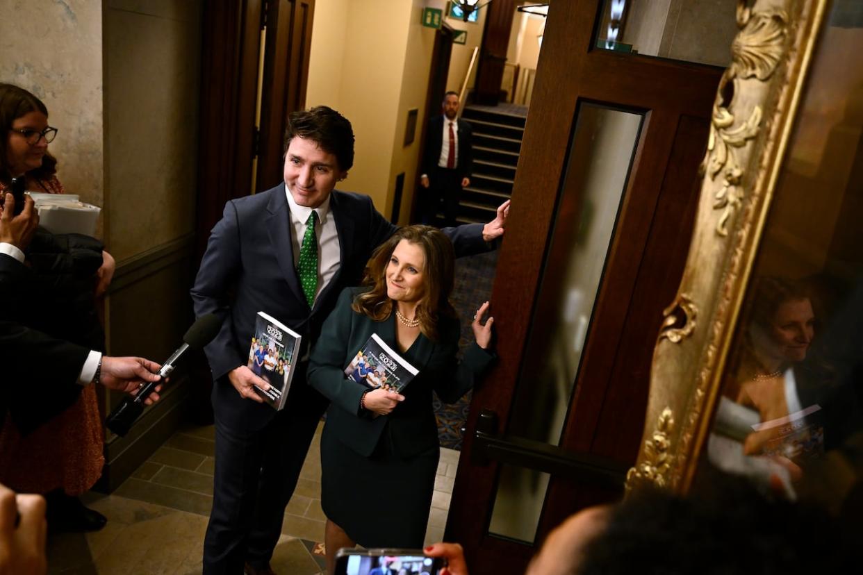 Prime Minister Justin Trudeau and Finance Minister Chrystia Freeland enter the House of Commons to deliver last year's federal budget, on Parliament Hill in Ottawa on March 28, 2023. (Justin Tang/The Canadian Press - image credit)