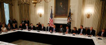 <p>U.S. President Donald Trump holds a meeting with manufacturing CEOs in the State Dining Room of the White House in Washington, D.C., Feb. 23, 2017. (Photo: Kevin Lamarque/Reuters) </p>