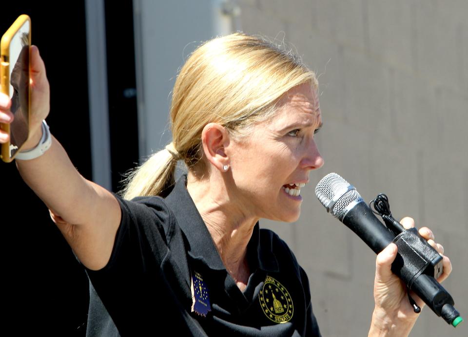 Indiana District 40 State Sen. Shelli Yoder addresses the crowd of UAW 440 members in Harp Commons Sunday, Sept. 24, 2023.