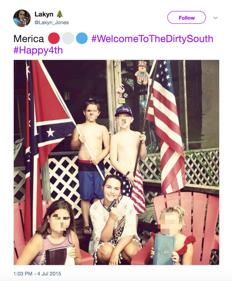 This tweet from Keaton Jones's sister shows members of the Jones family posing with a Confederate flag (Twitter/Lakyn Jones)