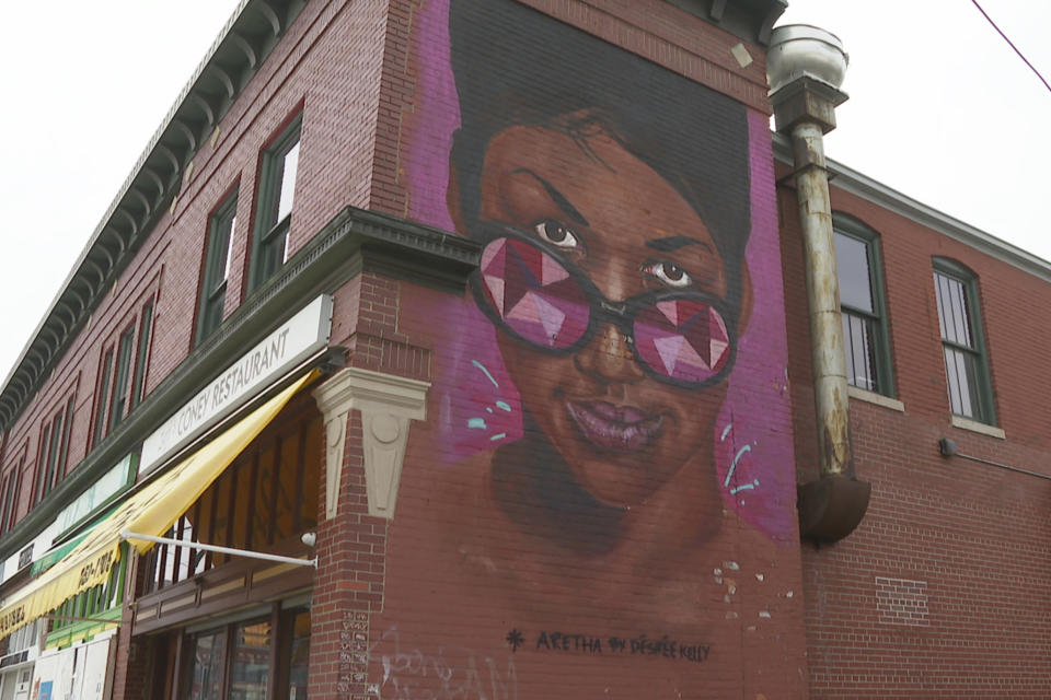 In a frame grab from video a mural of Aretha Franklin is seen in Detroit on June 15, 2023. Five years after her death, the final wishes of the music superstar are still unsettled. The latest: an unusual trial next Monday to determine which handwritten will, including one found in couch cushions, will guide how her estate is handled. (AP Photo/Mike Householder)