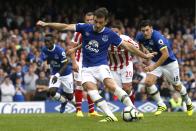 Football Soccer Britain - Everton v Stoke City - Premier League - Goodison Park - 27/8/16 Everton's Leighton Baines takes penalty that results in an own goal by Stoke City's Shay Given Action Images via Reuters / Ed Sykes Livepic EDITORIAL USE ONLY. No use with unauthorized audio, video, data, fixture lists, club/league logos or "live" services. Online in-match use limited to 45 images, no video emulation. No use in betting, games or single club/league/player publications. Please contact your account representative for further details.