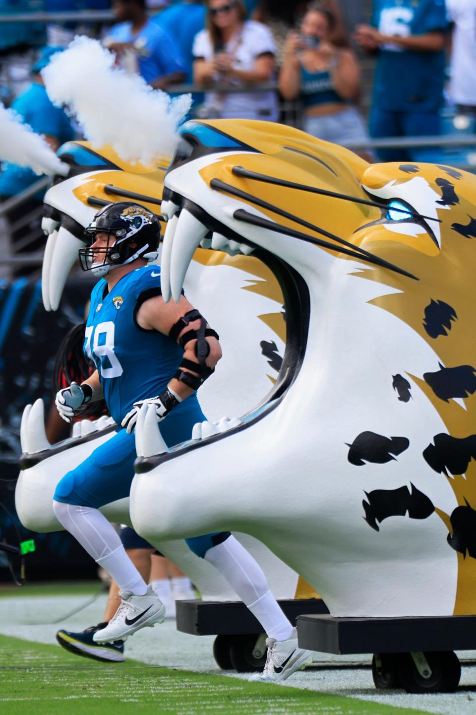 Jacksonville Jaguars offensive tackle Ben Bartch (78) is introduced before a NFL football game Sunday, Sept. 17, 2023 at EverBank Stadium in Jacksonville, Fla. The Kansas City Chiefs defeated the Jacksonville Jaguars 17-9. [Corey Perrine/Florida Times-Union]