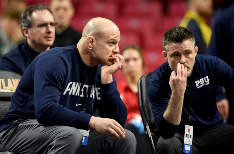 Penn State wrestling coach Cael Sanderson watches a quarterfinal bout at the Big Ten Wresting Championships at the Xfinity Center at the University of Maryland on Saturday, March 9, 2024.