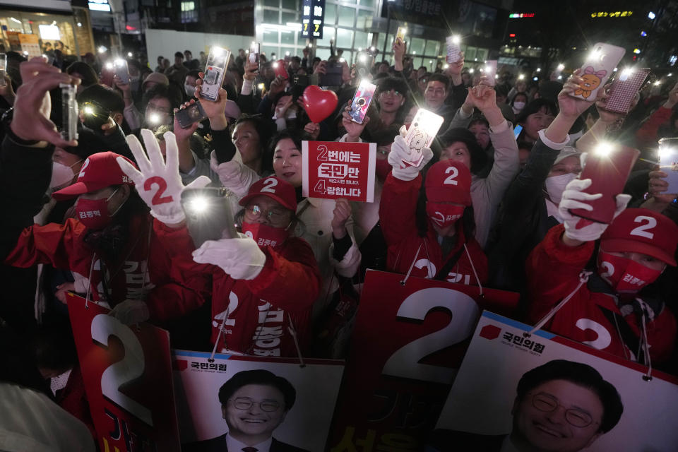 Supporters listen to the speech of the ruling People Power Party's leader Han Dong-hoon during a campaign rally for the upcoming parliamentary election in Goyang, South Korea, Monday, April 8, 2024. As South Koreans head to the polls to elect a new 300-member parliament on this week, many are choosing their livelihoods and other domestic concerns as the most important election issues. It's in a stark contrast from past elections that were overshadowed by security and foreign policy issues like North Korean nuclear threats and U.S. security commitment for South Korea. (AP Photo/Ahn Young-joon)