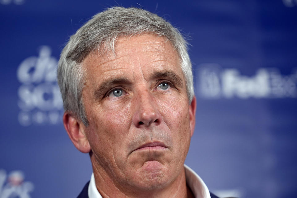 PGA Tour Commissioner Jay Monahan pauses while speaking about the death of PGA player Grayson Murray during the Charles Schwab Challenge golf tournament at Colonial Country Club in Fort Worth, Texas, Saturday, May 25, 2024. (AP Photo/LM Otero)