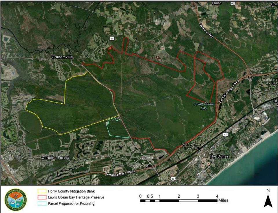 Lewis Ocean Bay Heritage Preserve outlined in red, next to the proposed Conway Medical Center’s Carolina Forest facility in blue, and the necessary mitigation bank lined in yellow.