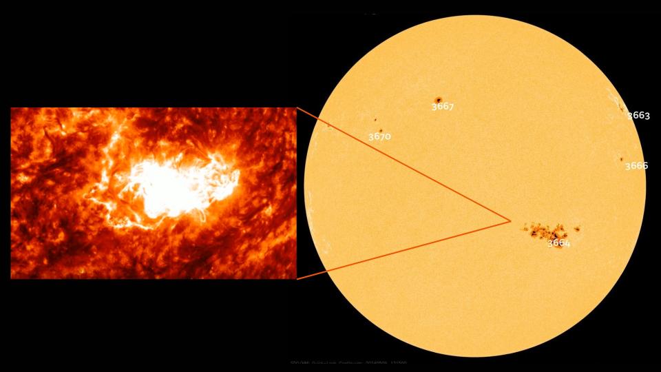 Graphic showing a large sunspot on the Sun's surface, with an additional image showing the solar flare on the left.