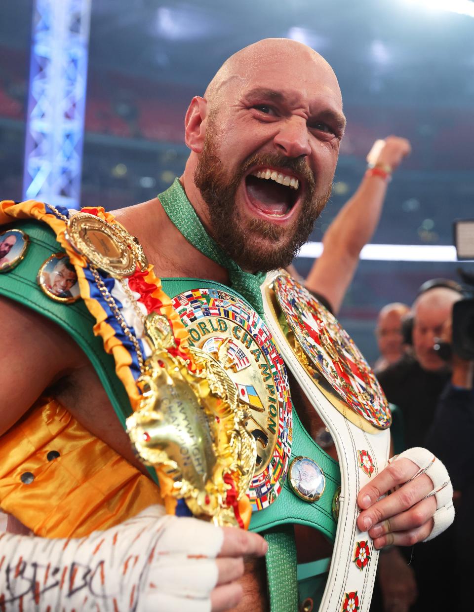 Tyson Fury celebrates his victory over Dillian Whyte.