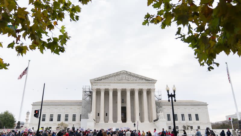 Gun safety and domestic violence prevention organizations gather outside of the Supreme Court before oral arguments are heard in United States v. Rahimi on Tuesday, Nov. 7, 2023, in Washington.