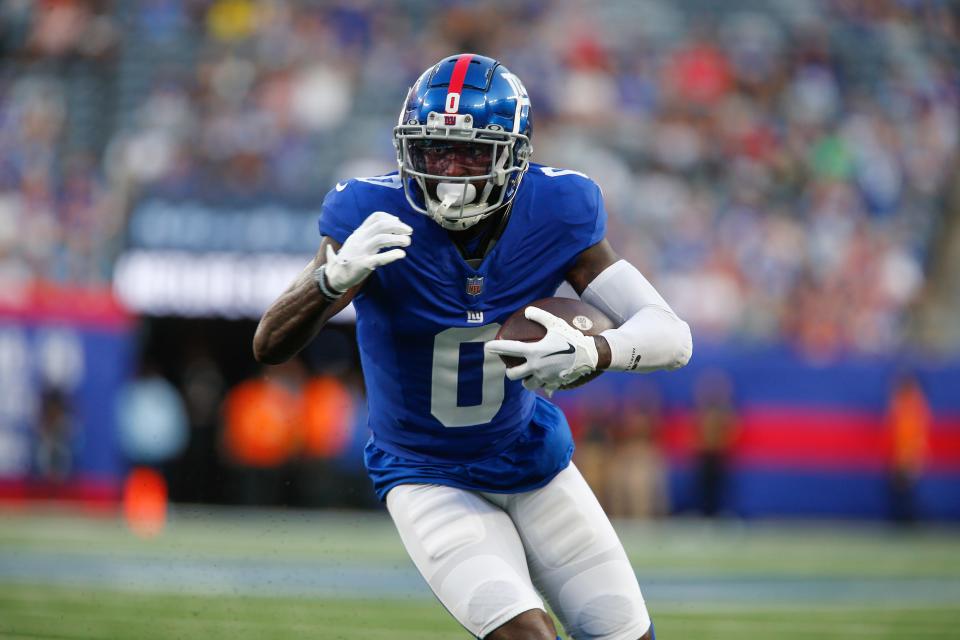 New York Giants' Parris Campbell runs the ball during the first half of a preseason game Friday against the Carolina Panthers in East Rutherford, N.J.