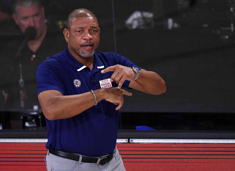 LAKE BUENA VISTA, FLORIDA - SEPTEMBER 05: Doc Rivers of the LA Clippers during the first quarter against the Denver Nuggets in Game Two of the Western Conference Second Round during the 2020 NBA Playoffs at AdventHealth Arena at the ESPN Wide World Of Sports Complex on September 05, 2020 in Lake Buena Vista, Florida. NOTE TO USER: User expressly acknowledges and agrees that, by downloading and or using this photograph, User is consenting to the terms and conditions of the Getty Images License Agreement. (Photo by Douglas P. DeFelice/Getty Images)