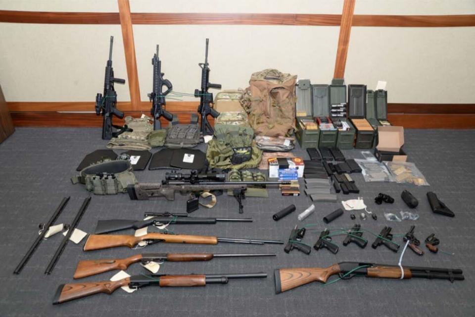 A handout photo provided by the U.S. attorney&rsquo;s office for the District of Maryland of the collection of weapons and ammunition that federal agents say they found in Christopher Hasson's apartment. (Photo: U.S. Attorney’s Office for the District of Maryland via Getty Images)