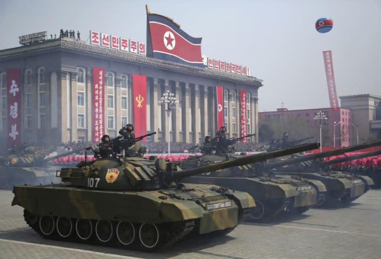 Soldiers in tanks taking part in a military parade in Pyongyang in April (Rex) 