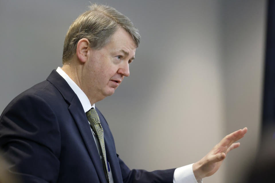 Defense attorney Kevin Gough speaks during opening statements in the trial of Greg McMichael and his son, Travis McMichael, and a neighbor, William "Roddie" Bryan, at the Glynn County Courthouse, Friday, Nov. 5, 2021, in Brunswick, Ga. The three are charged with the February 2020 slaying of 25-year-old Ahmaud Arbery. (Octavio Jones/Pool Photo via AP)