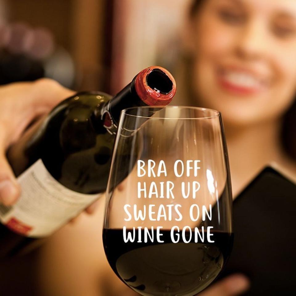 "Bra Off, Hair Up" Wine Glass