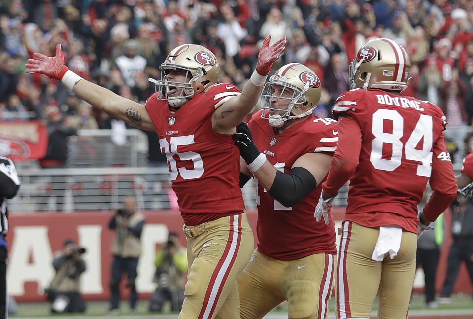 San Francisco 49ers tight end George Kittle should breakout in 2018 if he can stay healthy. (AP Photo/Marcio Jose Sanchez)